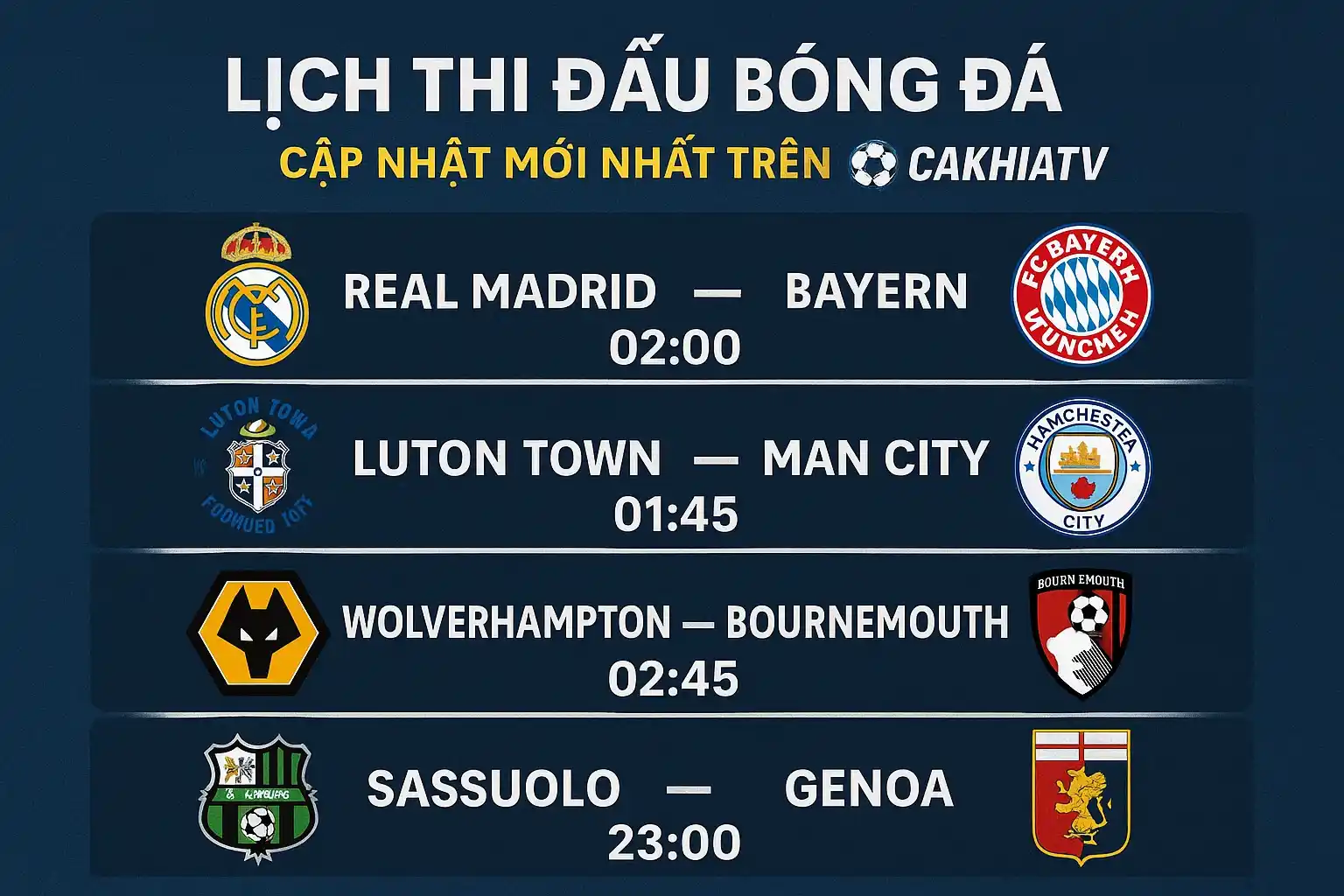 Cập nhật lịch thi đấu bóng đá mới nhất trên CakhiaTV