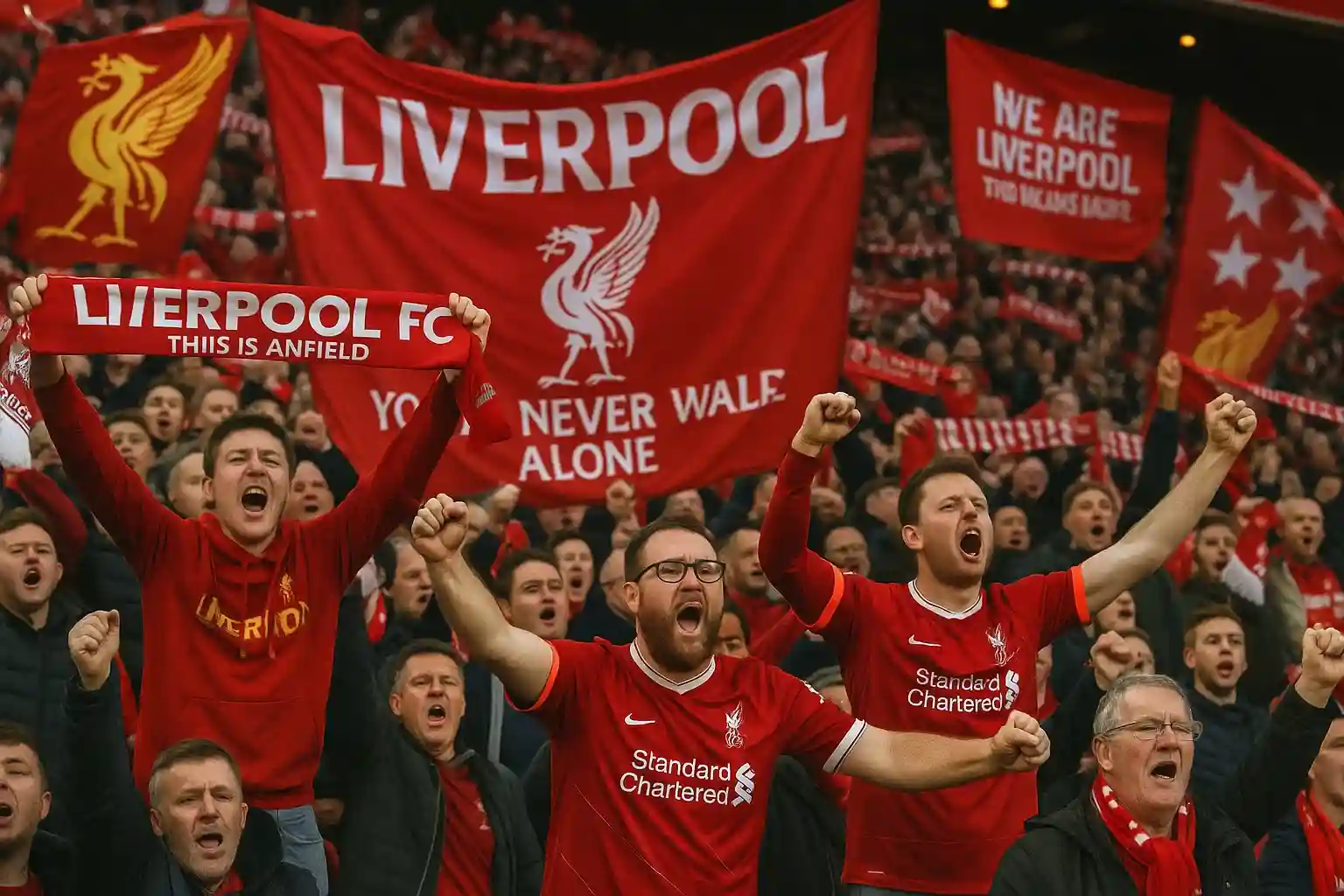 CĐV Liverpool cuồng nhiệt trên khán đài Anfield