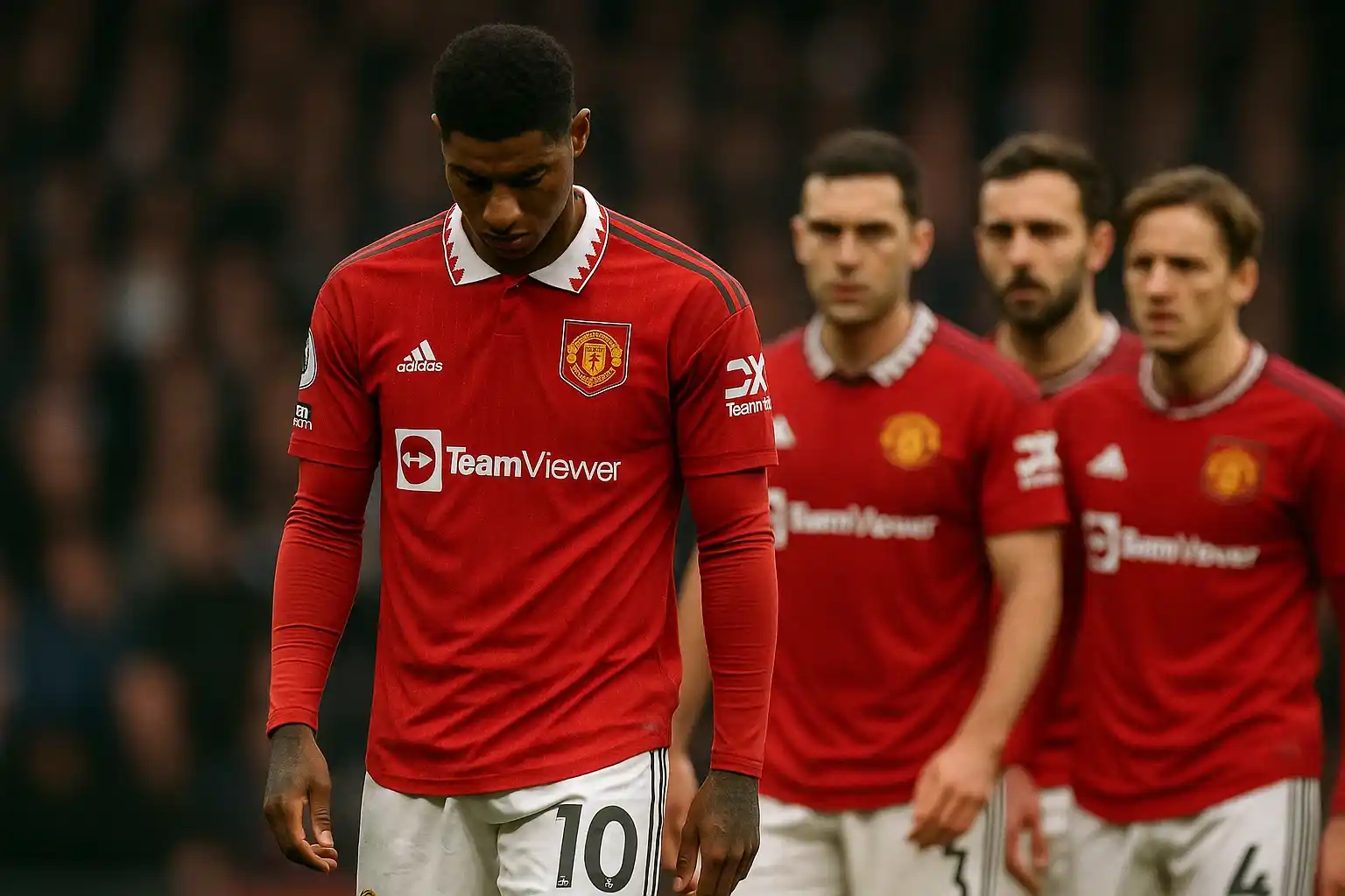 Rashford cúi mặt bước đi giữa ánh mắt của đồng đội
