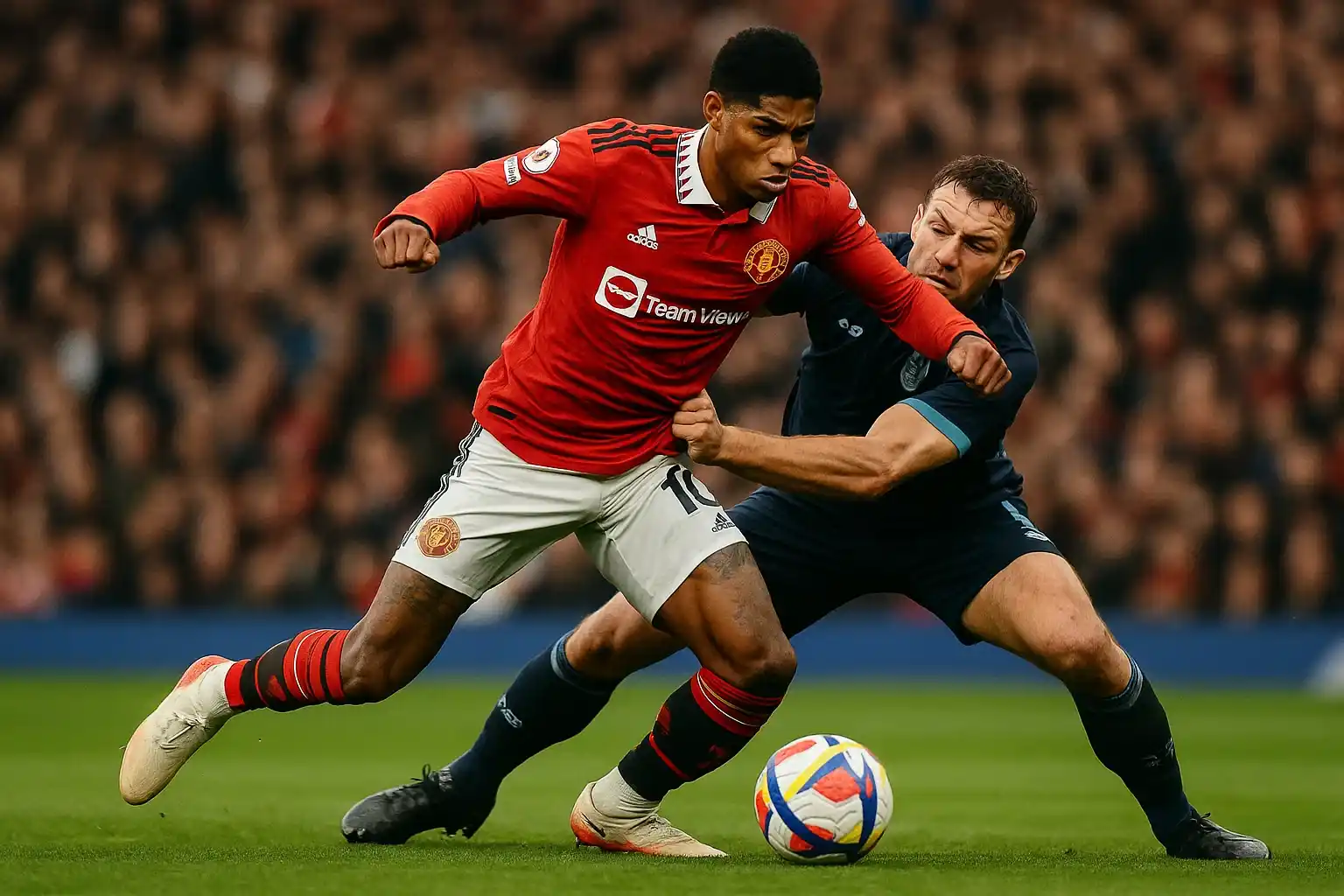 Rashford tranh chấp bóng quyết liệt với hậu vệ