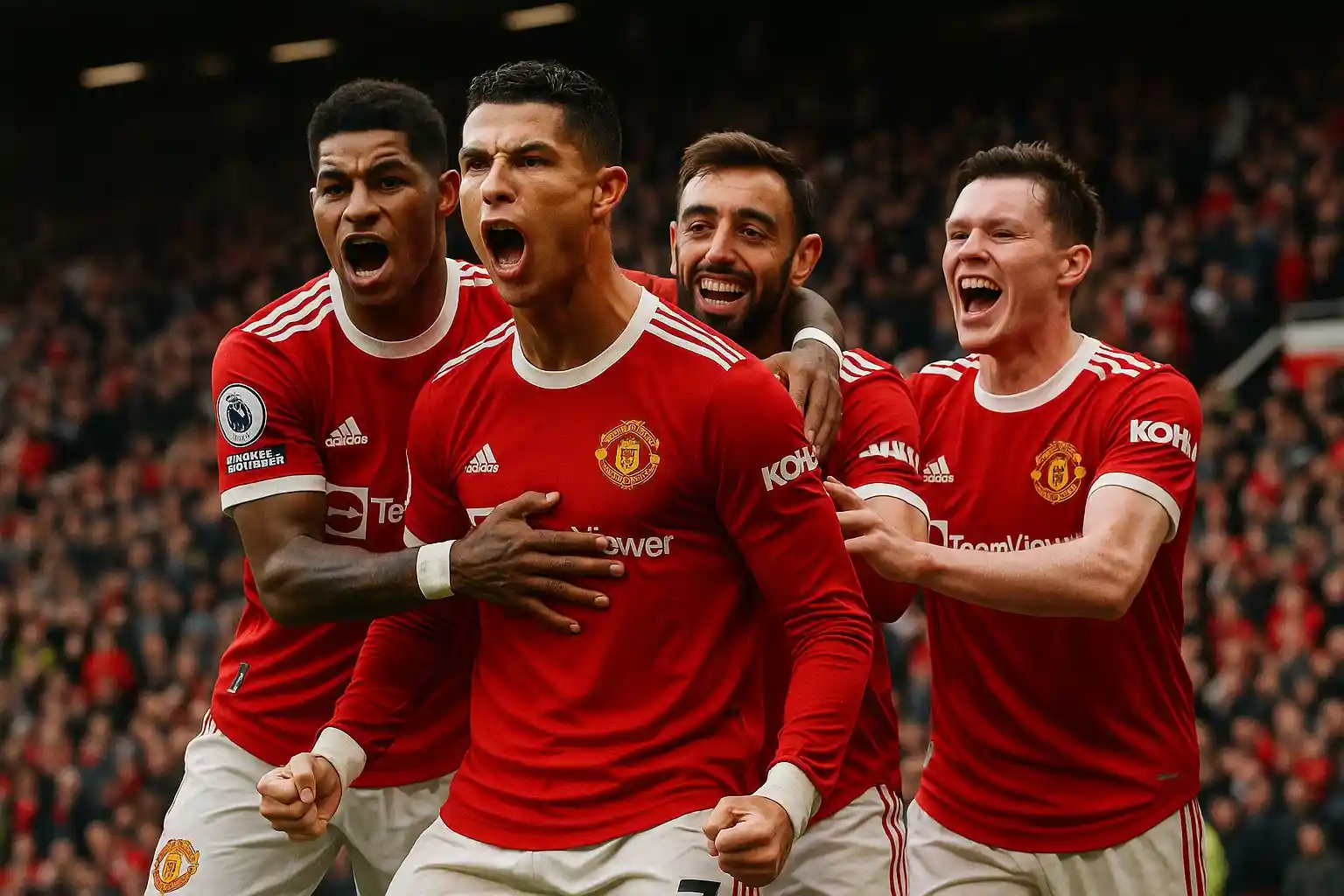 Ronaldo và đồng đội ăn mừng bàn thắng trong màu áo MU