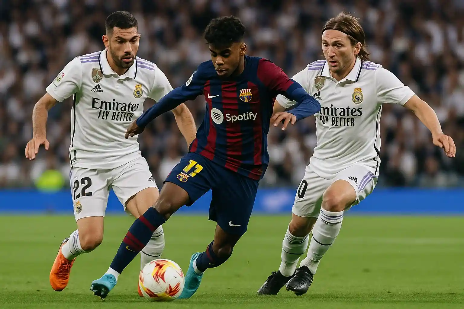 Yamal rê bóng qua hai cầu thủ Real Madrid